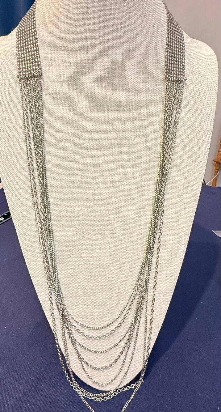 Vintage Runway Silver Tone Multi Layer Chain Fringe Statement Necklace 18”